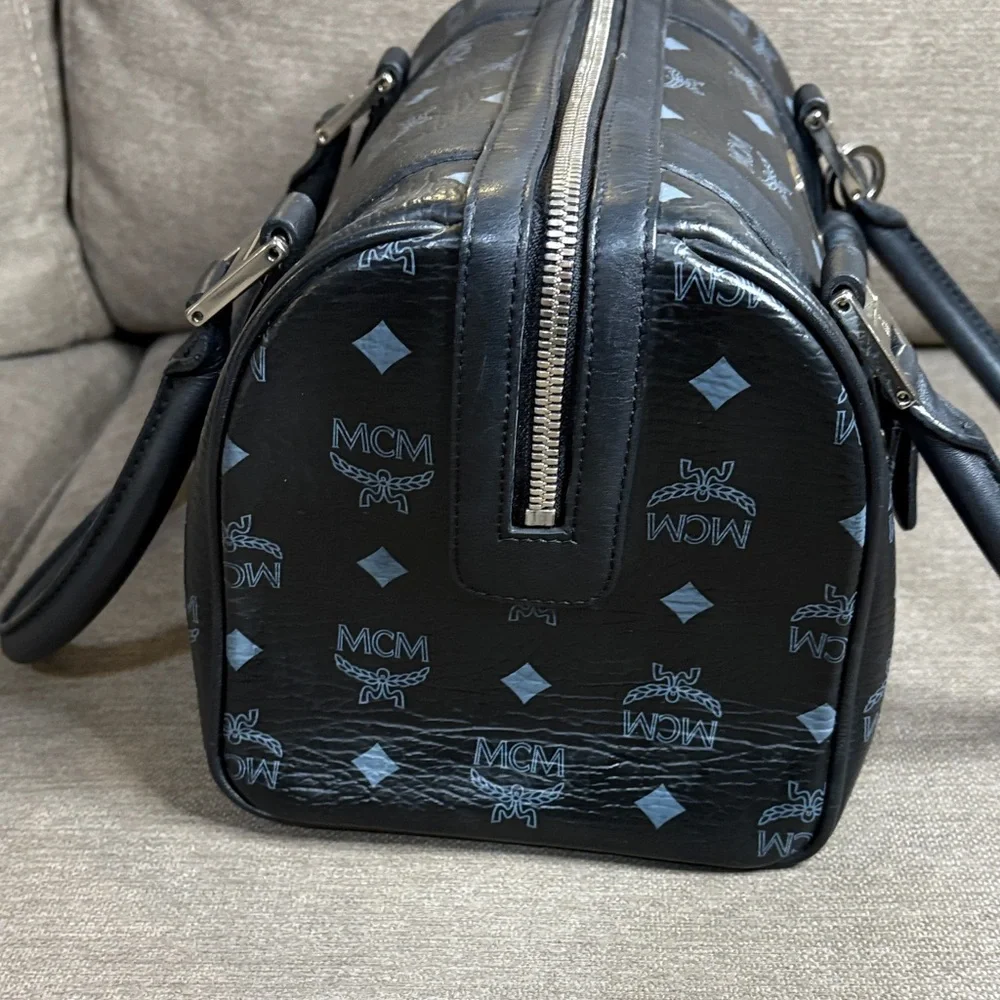 MCM  Visetos Black Boston Bag Leather Trim Silver Hardware Charms CIOA